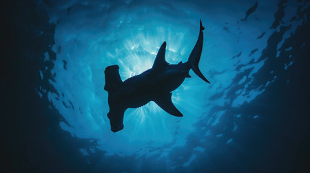 A hammerhead shark navigating the ocean depths, its unique head shape silhouetted against the azure backgroundの素材