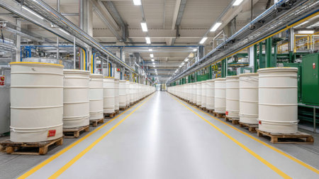 A spacious industrial warehouse showcases neatly arranged barrels along a well-lit corridor, emphasizing organization, cleanliness, and efficient workspace design.の素材