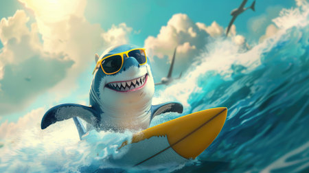 A joyful cartoon shark wearing sunglasses, riding a surfboard on a fun wave with a bright sky backdropの素材