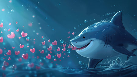 A playful cartoon shark blowing a kiss, with a trail of heart-shaped bubbles floating in the waterの素材