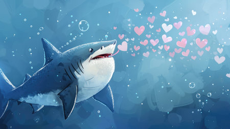 A playful cartoon shark blowing a kiss, with a trail of heart-shaped bubbles floating in the waterの素材