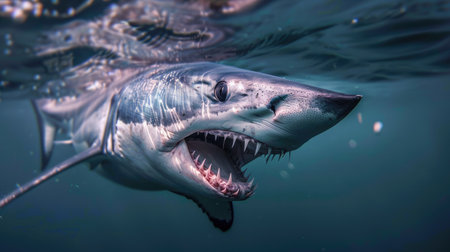 A mako shark with its teeth bared, lunging towards its prey in a dramatic underwater sceneの素材