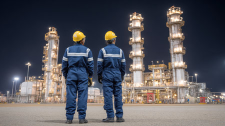 Two workers in safety gear stand in front of an illuminated industrial plant at night. They observe tall towers and machinery, reflecting teamwork and technological advancement.の素材