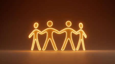 This vibrant image features glowing neon outlines of figures holding hands, representing unity and friendship, set against a warm and inviting background.の素材