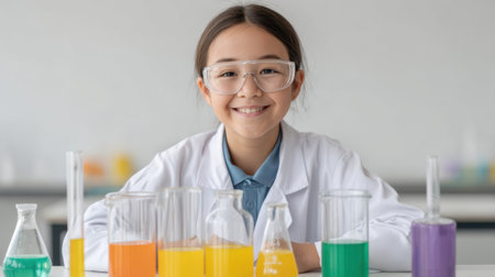 A cheerful young girl poses in a laboratory, surrounded by colorful chemistry experiments. She wears protective glasses and a lab coat, embodying curiosity and the joy of scientific discovery.の素材