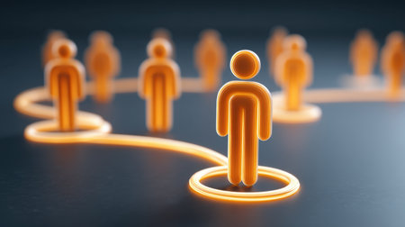 Vibrant illustration of glowing human symbols on a pathway, highlighting connections and teamwork in a digital landscape to represent unity and collaboration in modern society.の素材