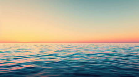 A panoramic view of a tranquil sea at sunset, with warm colors and a gradient sky providing space for textの素材