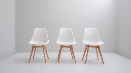 This image shows a trio of sleek white chairs with wooden legs in a minimalist setting, creating a serene and inviting atmosphere perfect for modern interiors.の素材