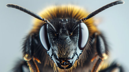 A stunning close-up of a bee head, with its antennae and eyes in perfect detail against a white backgroundの素材