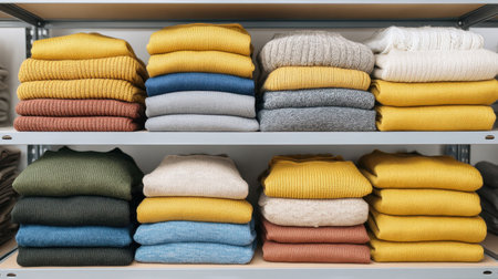 This image features neatly arranged colorful sweaters stacked on shelves, showcasing a diverse range of fabrics and hues that reflect cozy, stylish fashion choices.の素材