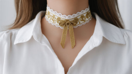 Discover the beauty of this elegant choker necklace featuring a golden bow and lace trim, perfect for enhancing outfits and adding a touch of sophistication to any look.の素材