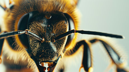 A sharp close-up of a worker bee, showing its intricate details and texture on a white backgroundの素材