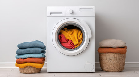 A bright and modern laundry setup featuring a washing machine filled with colorful towels. The scene includes neatly stacked fabrics and stylish baskets, ideal for home care themes.の素材