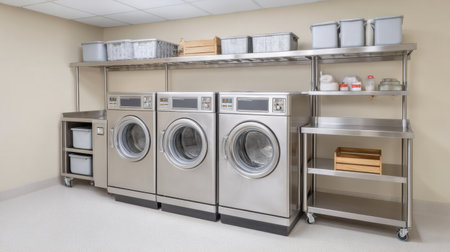 A bright and modern laundry room featuring three stainless steel washing machines, organized storage, and a clean workspace suitable for homes or commercial use.の素材