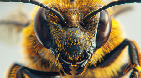 A sharp close-up of a worker bee, showing its intricate details and texture on a white backgroundの素材