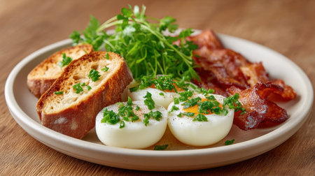 A beautifully arranged breakfast plate showcases perfectly poached eggs, crispy bacon, toasted slices, and fresh herbs on a rustic wooden table, perfect for morning meals.の素材