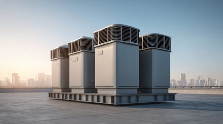 A striking view of modern rooftop air conditioning units against a vibrant city skyline at twilight, emphasizing the blend of technology and urban living in contemporary architecture.の素材