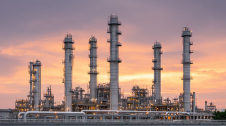 A stunning industrial scene featuring towering chimneys and intricate machinery of a refinery at sunset, highlighting the fusion of technology and nature in energy production.の素材