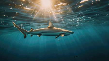 A sleek blacktip shark swimming near the surface of the ocean, with sunlight creating a dazzling effect on the waterの素材