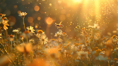 A picturesque meadow with a bee flying among the flowers, captured in golden sunlight and gentle windの素材