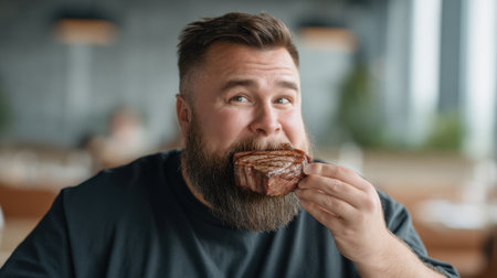 A joyful man with a beard is savoring a delicious piece of steak while seated in a modern restaurant. The warm ambiance highlights his enjoyment of gourmet food.の素材