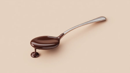 A silver spoon filled with glossy chocolate syrup, drizzling on a smooth beige background, captures the essence of culinary delight ideal for dessert-themed projects.の素材