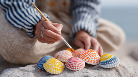 A skilled artist adds vibrant colors to decorative seashells on a rocky beach, merging creativity with nature's beauty in a serene outdoor setting.の素材