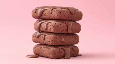 A tempting stack of chocolate dessert bars with melted cocoa dripping down, set against a soft pink background. Ideal for sweet treat promotions and food photography.の素材
