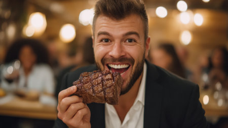 Cheerful man indulges in a succulent steak in a lively restaurant atmosphere, showcasing the joy of sharing delicious food with friends and enjoying life.の素材