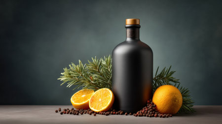 A modern black bottle stands prominently with fresh orange halves and coffee beans, accentuated by greenery on a wooden table, creating a warm and inviting still life.の素材