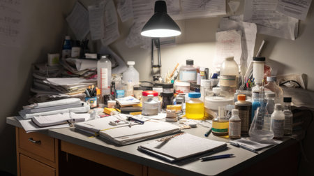 A cluttered laboratory desk filled with papers, bottles, and tools illuminated by a desk lamp, showcasing a vibrant workspace for research and creative projects.の素材