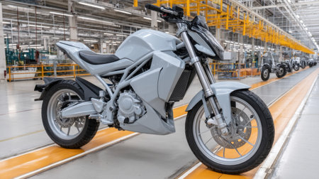 A modern motorcycle stands elegantly in a bright factory, showcasing innovative design and engineering. The setting highlights industrial aesthetics and advanced craftsmanship.の素材