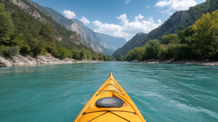 Experience a peaceful kayaking journey on a turquoise river, surrounded by lush mountains and vibrant skies. Embrace the beauty of nature and outdoor adventure.の素材