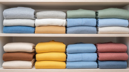 A well-organized display of neatly folded sweaters in various colors, creating a cozy and stylish look for any modern home or fashion space.の素材