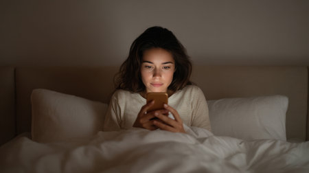 A young woman sits comfortably in bed, using her smartphone at night. The soft glow from her screen creates a cozy atmosphere, perfect for evening relaxation and leisure.の素材