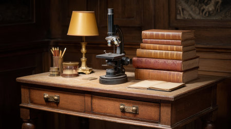 A charming wooden desk showcases a vintage microscope, neatly stacked books, and a stylish lamp, reflecting a timeless scholarly atmosphere perfect for a study.の素材