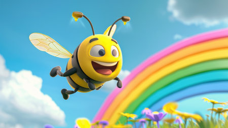 An adorable cartoon bee flying over a rainbow, with a pot of honey and a joyful smile on its faceの素材