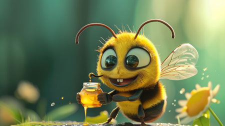 An adorable cartoon bee holding a tiny honey jar, with a cheerful expression and buzzing aroundの素材