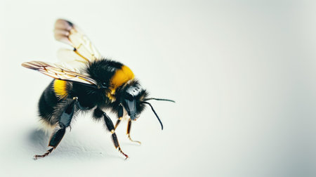 A vibrant image of a bee landing, with its wings spread and body in sharp focus on a white backgroundの素材