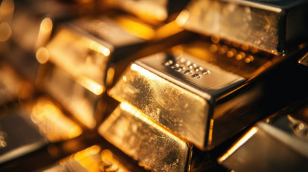 A close-up of neatly stacked gold bars, their shiny surfaces reflecting light, symbolizing wealth and prosperityの素材