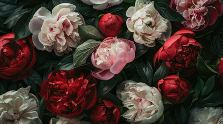 An elegant background of painted peonies, with space for text in the center or cornersの素材