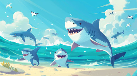 An illustration of a cute cartoon shark family, with parents and baby sharks enjoying a sunny day in the seaの素材