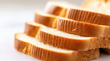 A close-up of neatly sliced bread on a white background, showcasing the texture and freshness of each sliceの素材