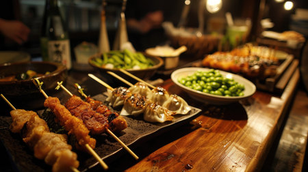 A selection of izakaya-style appetizers including edamame, karaage, and gyoza on a dimly lit bar tableの素材