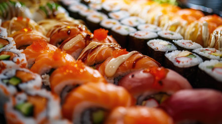 A close-up of a beautifully crafted sushi platter with a variety of rolls and nigiriの素材