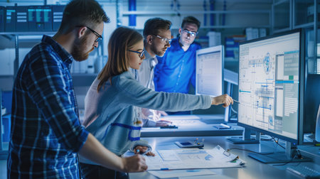 Engineers collaborating on a project, with technical drawings and computer models in the background, illustrating teamwork in industrial engineeringの素材
