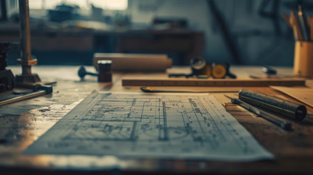 A detailed shot of blueprints and engineering tools on a desk, symbolizing the planning and design phase of industrial projectsの素材