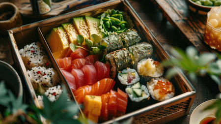 A detailed shot of a beautifully crafted bento box with sushi, fruits, and Japanese picklesの素材