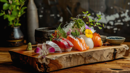 A beautiful arrangement of fresh sashimi on a wooden board with a small cup of sakeの素材