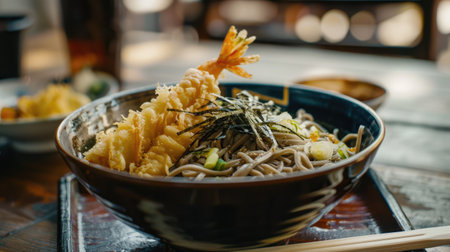 A detailed shot of a bowl of soba noodles with tempura on a rustic wooden tableの素材